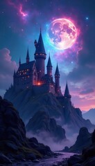 Wall Mural - Ethereal nebula swirls over mystical castle ruins , fantasy art, wallpaper