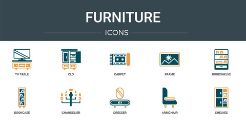 Wall Mural - set of 10 outline web furniture icons such as tv table, clo, carpet, frame, bookshelve, bookcase, ch