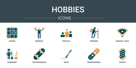 Wall Mural - set of 10 outline web hobbies icons such as sudoku, workout, pedestal, trekking, baseball field, gar