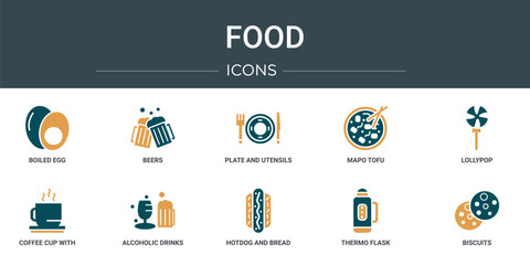 Wall Mural - set of 10 outline web food icons such as boiled egg, beers, plate and utensils, mapo tofu, lollypop,