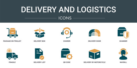 Wall Mural - set of 10 outline web delivery and logistics icons such as package on trolley, delivery box, courier