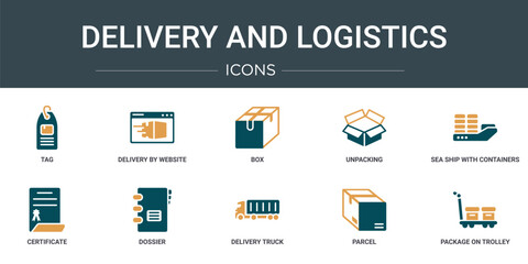 Wall Mural - set of 10 outline web delivery and logistics icons such as tag, delivery by website, box, unpacking,
