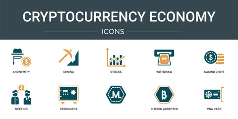 Wall Mural - set of 10 outline web cryptocurrency economy icons such as anonymity, mining, stocks, withdraw, casi