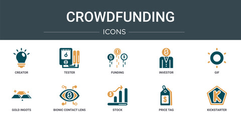 Wall Mural - set of 10 outline web crowdfunding icons such as creator, tester, funding, investor, gif, gold ingot