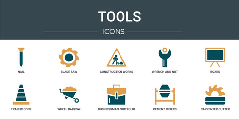 Wall Mural - set of 10 outline web tools icons such as nail, blade saw, construction works, wrench and nut, board