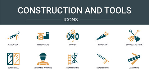 Wall Mural - set of 10 outline web construction and tools icons such as caulk gun, relief valve, copper, handsaw,