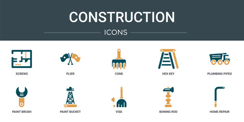 Wall Mural - set of 10 outline web construction icons such as screws, plier, cone, hex key, plumbing pipes, paint