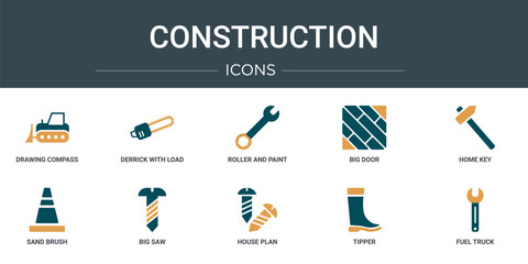 Wall Mural - set of 10 outline web construction icons such as drawing compass, derrick with load, roller and pain