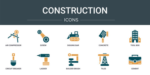 Wall Mural - set of 10 outline web construction icons such as air compressor, screw, digging bar, concrete, tool 