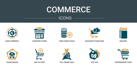 Wall Mural - set of 10 outline web commerce icons such as euro currency, shopping store, yens coins stack, solida