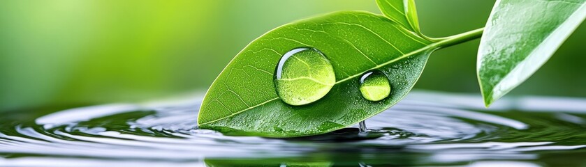 Wall Mural - dewy green leaf on calm water surface with ripple effect and freshness