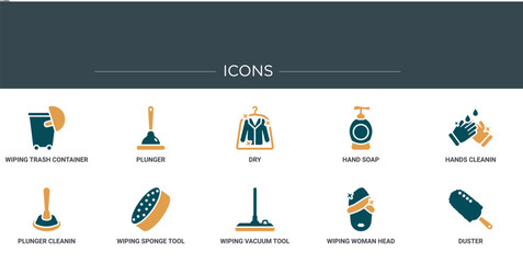 Wall Mural - set of 10 outline web cleaning icons such as wiping trash container, plunger, dry, hand soap, hands 