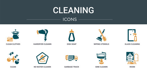 Wall Mural - set of 10 outline web cleaning icons such as clean clothes, hairdryer cleanin, dish soap, wiping ute