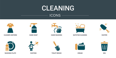 Wall Mural - set of 10 outline web cleaning icons such as cleaner uniform, hand soap, hand washing, bathtub clean
