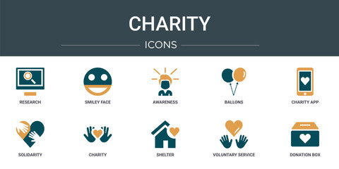 Wall Mural - set of 10 outline web charity icons such as research, smiley face, awareness, ballons, charity app, 