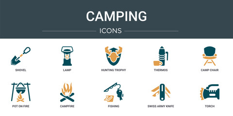 Wall Mural - set of 10 outline web camping icons such as shovel, lamp, hunting trophy, thermos, camp chair, pot o