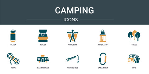 Wall Mural - set of 10 outline web camping icons such as flask, toilet, wingsuit, fire lamp, trees, rope, camper 
