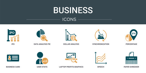 Wall Mural - set of 10 outline web business icons such as ipo, data analysis pie chart, dollar analysis bars, syn