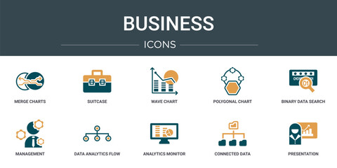 Wall Mural - set of 10 outline web business icons such as merge charts, suitcase, wave chart, polygonal chart, bi