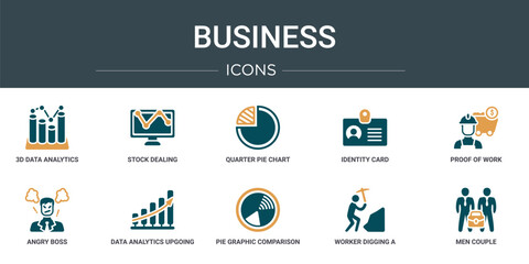 Wall Mural - set of 10 outline web business icons such as 3d data analytics bars graphic, stock dealing, quarter 