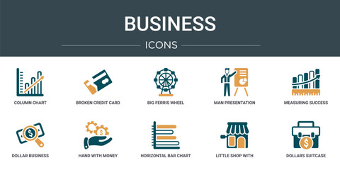 Wall Mural - set of 10 outline web business icons such as column chart, broken credit card, big ferris wheel, man