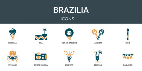 Wall Mural - set of 10 outline web brazilia icons such as ice cream, sea, hot air balloon, maracas, cane, eye mas