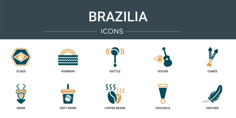 Wall Mural - set of 10 outline web brazilia icons such as flags, rainbow, rattle, guitar, canes, bikini, soft dri
