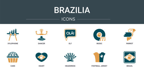 Wall Mural - set of 10 outline web brazilia icons such as xylophone, dancer, ol?, music, parrot, cake, heart vect