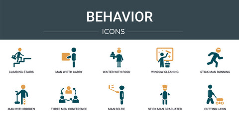 Wall Mural - set of 10 outline web behavior icons such as climbing stairs, man wirth carry, waiter with food tray