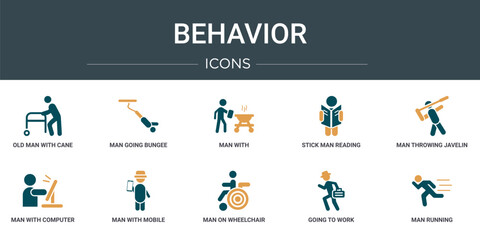 Wall Mural - set of 10 outline web behavior icons such as old man with cane, man going bungee jumping, man with, 