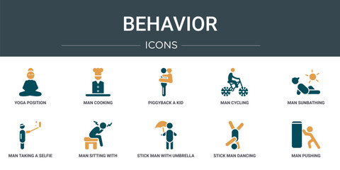 Wall Mural - set of 10 outline web behavior icons such as yoga position, man cooking, piggyback a kid, man cyclin