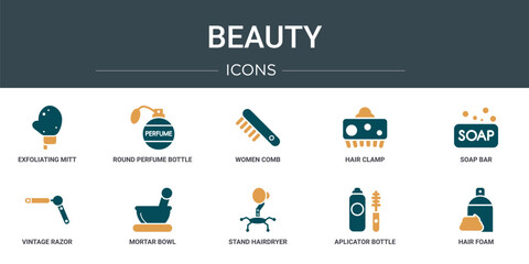 Wall Mural - set of 10 outline web beauty icons such as exfoliating mitt, round perfume bottle, women comb, hair 