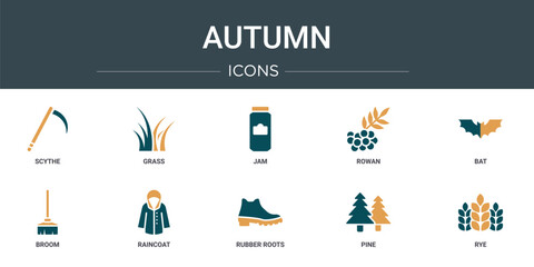 Wall Mural - set of 10 outline web autumn icons such as scythe, grass, jam, rowan, bat, broom, raincoat vector ic
