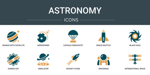Wall Mural - set of 10 outline web astronomy icons such as uranus with satellite, aerosphere, capsule parachute, 