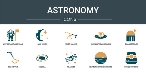Wall Mural - set of 10 outline web astronomy icons such as astronaut and flag, half moon, ursa major, alien with 