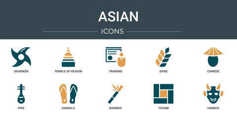 Wall Mural - set of 10 outline web asian icons such as shuriken, temple of heaven, training, spike, chinese, pipa