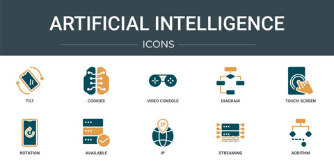 Wall Mural - set of 10 outline web artificial intelligence icons such as tilt, cookies, video console, diagram, t