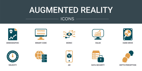 Wall Mural - set of 10 outline web augmented reality icons such as demographic, binary code, bionic, value, hard 
