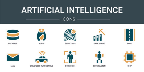 Wall Mural - set of 10 outline web artificial intelligence icons such as database, nurse, biometrics, data mining