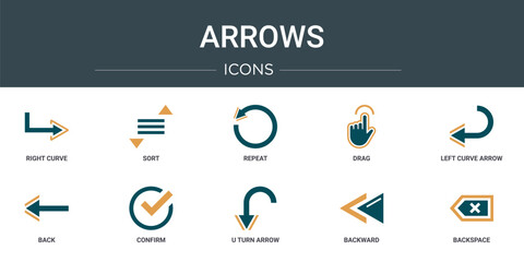 Wall Mural - set of 10 outline web arrows icons such as right curve, sort, repeat, drag, left curve arrow, back, 