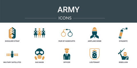 Wall Mural - set of 10 outline web army icons such as shoulder strap, , pair of handcuffs, airplane bomb, dynamit