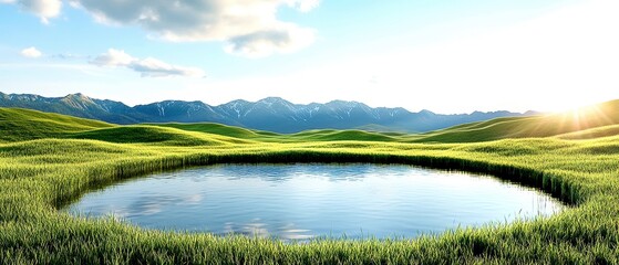 Wall Mural - serene landscape with reflective water body surrounded by lush green hills