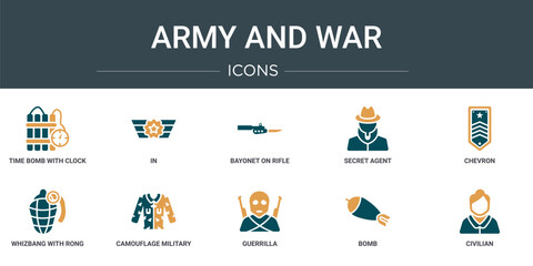 Wall Mural - set of 10 outline web army and war icons such as time bomb with clock, in, bayonet on rifle, secret 