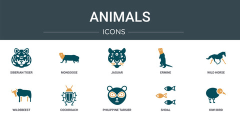 Wall Mural - set of 10 outline web animals icons such as siberian tiger, mongoose, jaguar, ermine, wild horse, wi