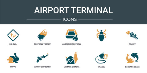Wall Mural - set of 10 outline web airport terminal icons such as big owl, football trophy, american football gam