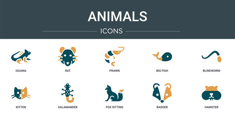 Wall Mural - set of 10 outline web animals icons such as iguana, rat, prawn, big fish, blindworm, kitten, salaman