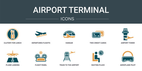 Wall Mural - set of 10 outline web airport terminal icons such as clutery for lunch, departures flights, hangar, 