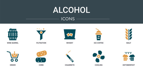Wall Mural - set of 10 outline web alcohol icons such as wine barrel, filtration, whisky, ice coffee, malt, order
