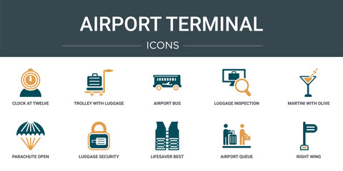 Wall Mural - set of 10 outline web airport terminal icons such as clock at twelve o'clock, trolley with luggage, 