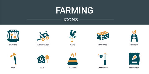 Wall Mural - set of 10 outline web farming icons such as barrell, farm trailer, vane, hay bale, pruners, hoe, far